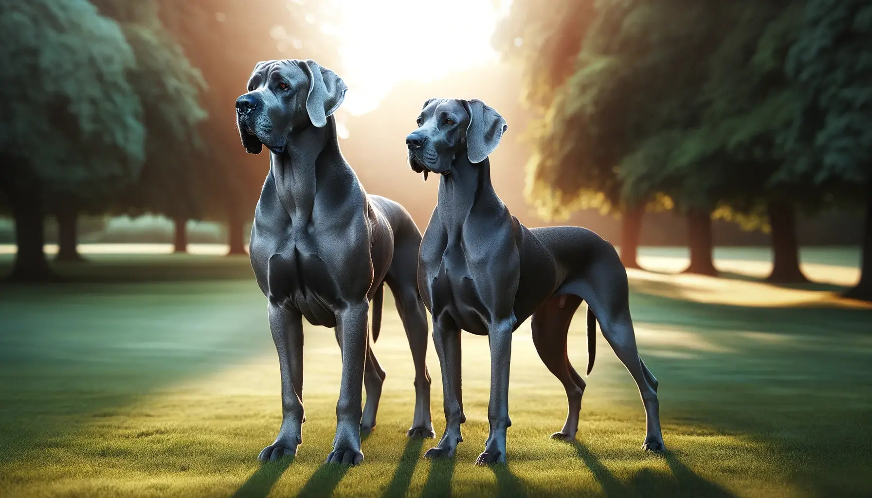 Blue Great Danes male and female with the male showing a slightly larger and broader build and the female appearing more slender.