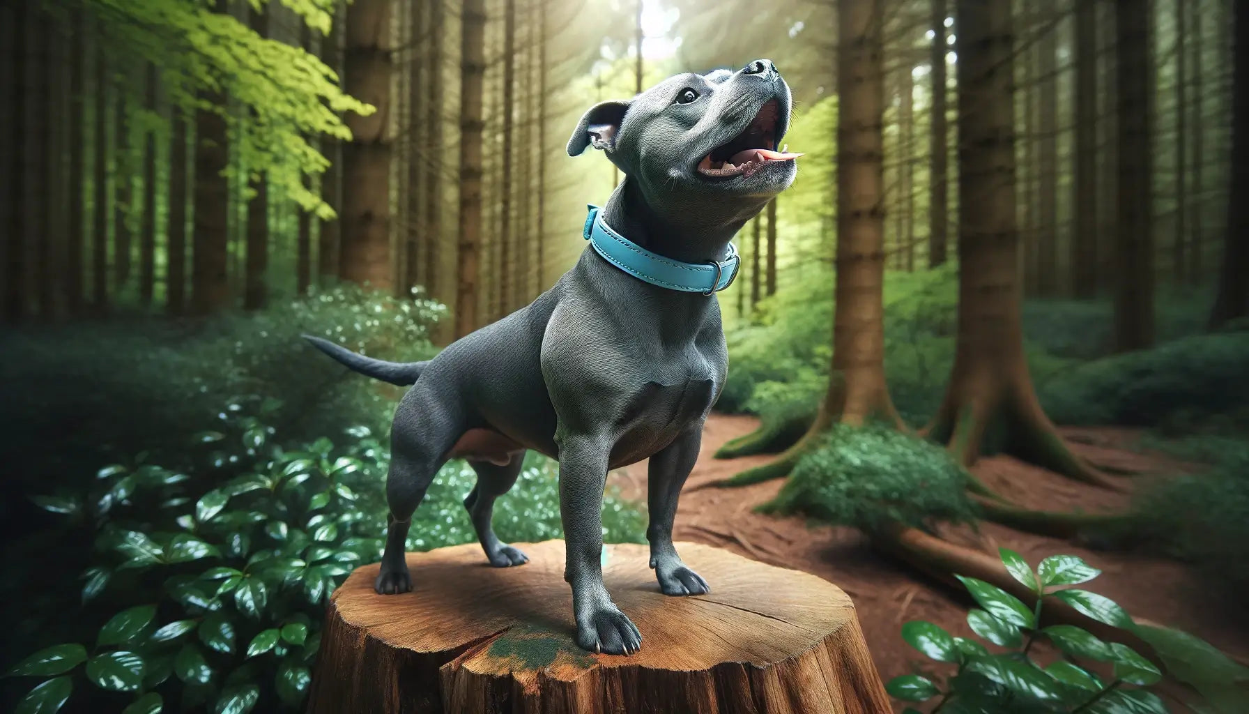 Blue Staffy dog perched on top of a wooden stump in a lush forest setting, appearing to be mid-bark or call.