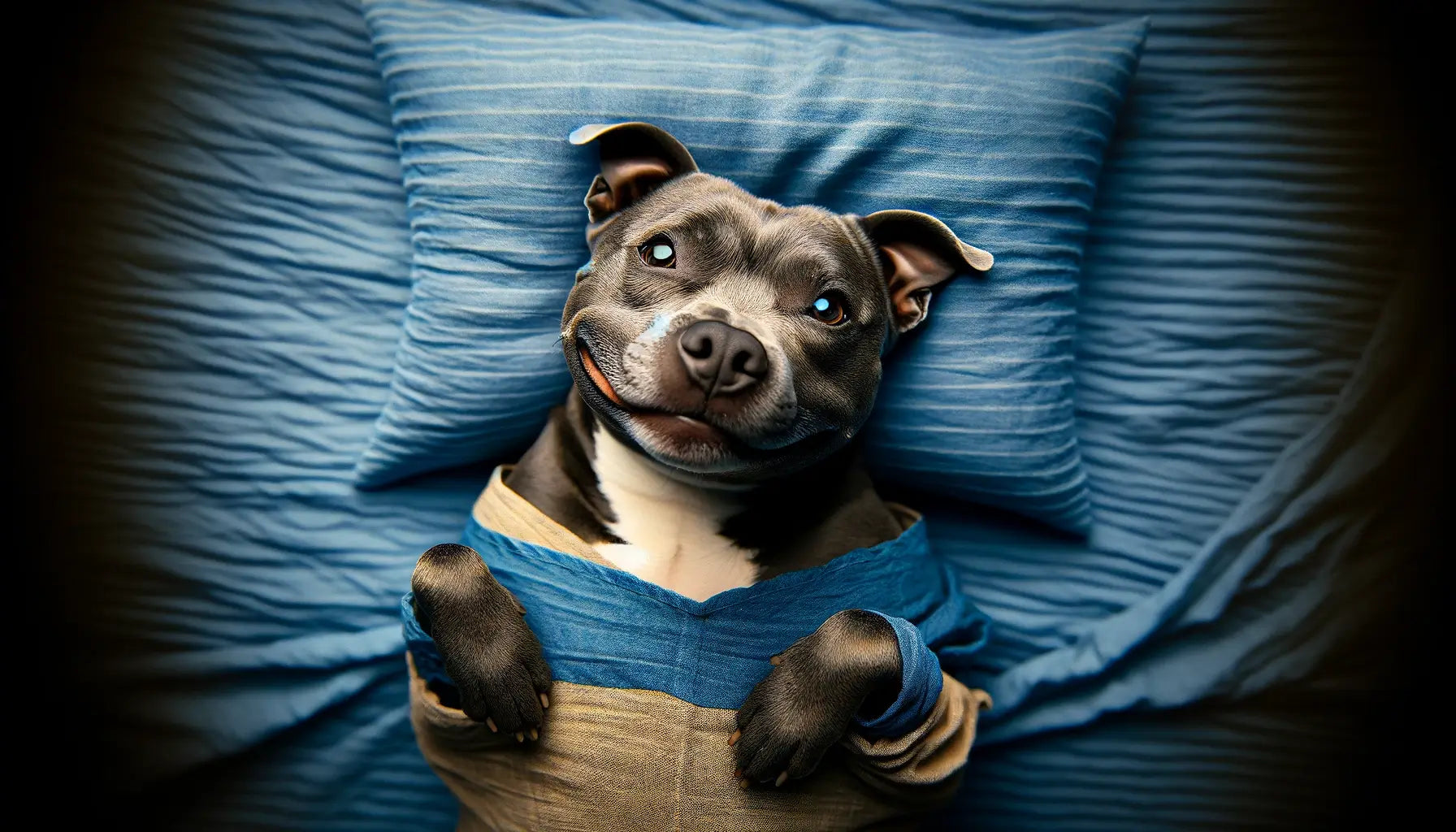 Blue Staffy lying on its back on a blue-striped fabric in a human-like pose.