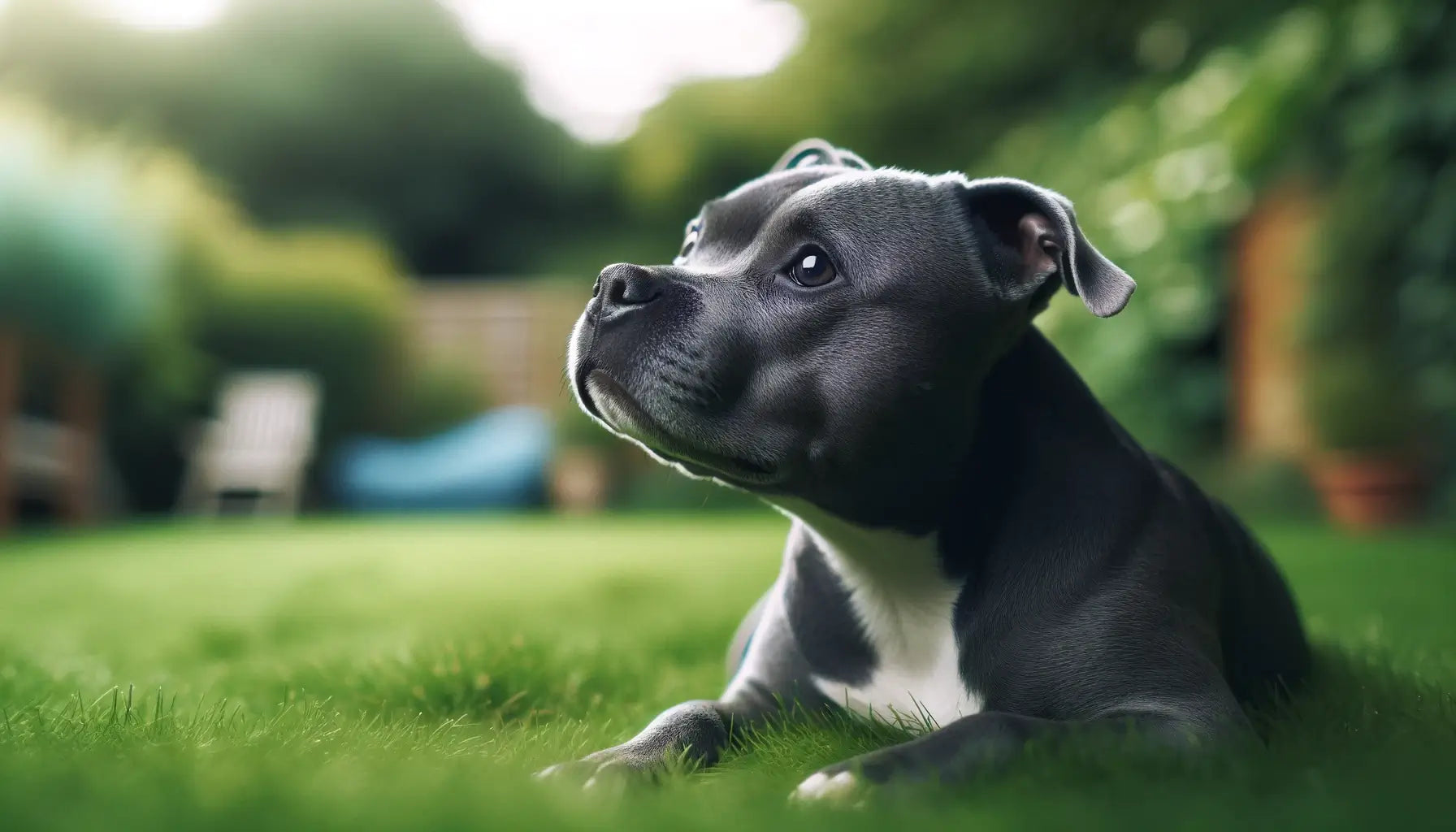 Blue Staffy lying on the grass with its head raised gazing off to the side in a pensive or attentive manner.