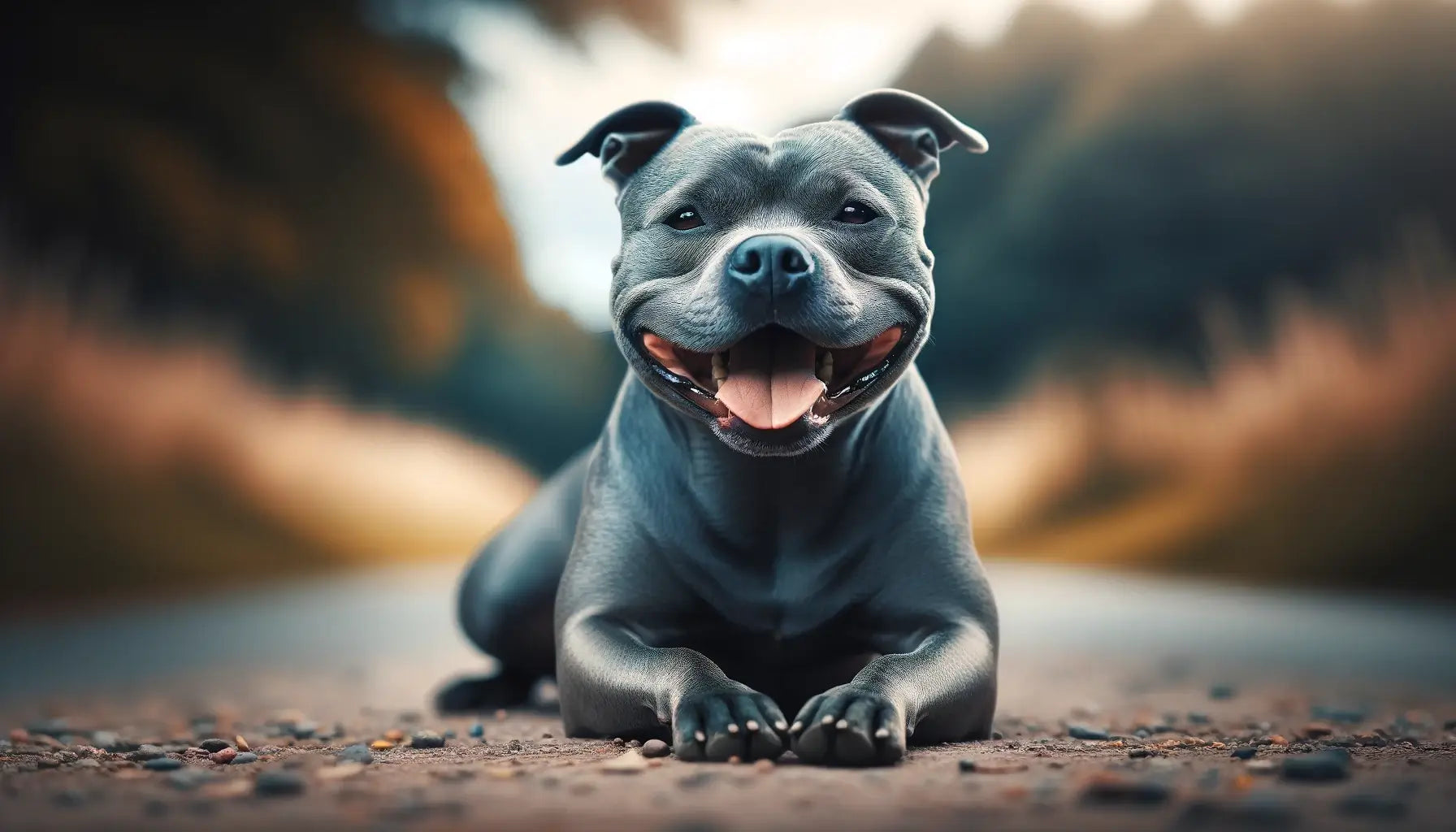 Blue Staffy lying on the ground with its front paws stretched out in front.