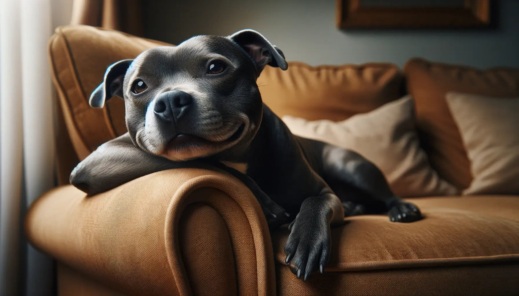 Blue Staffy reclining comfortably on a tan sofa with its head propped up on the armrest.