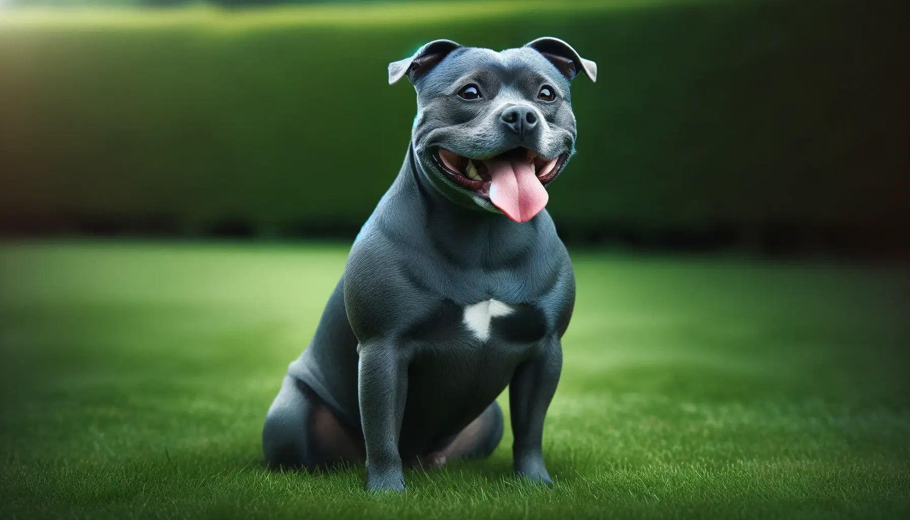 Blue Staffy sitting on a lush green lawn panting lightly with its tongue out, suggesting recent play or exercise.