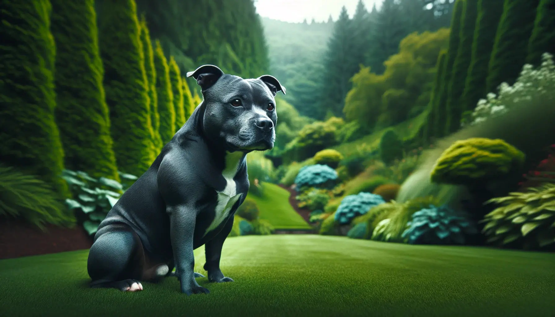 Blue Staffy sitting on a well-manicured lawn with a backdrop of lush greenery.