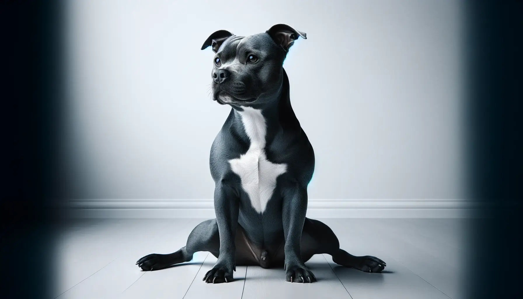 Blue Staffy sitting with its legs spread out on a white background.