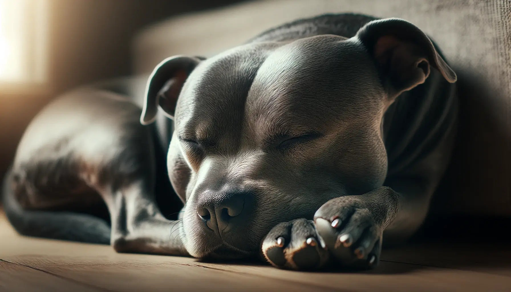 Blue Staffy sleeping curled up with its head resting on its front paws.