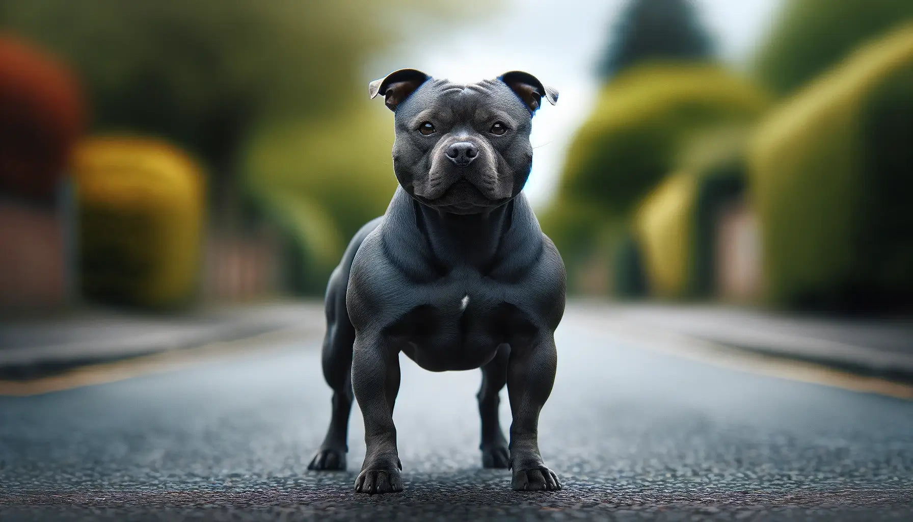 Blue Staffy standing confidently on a paved road showcasing its muscular build.