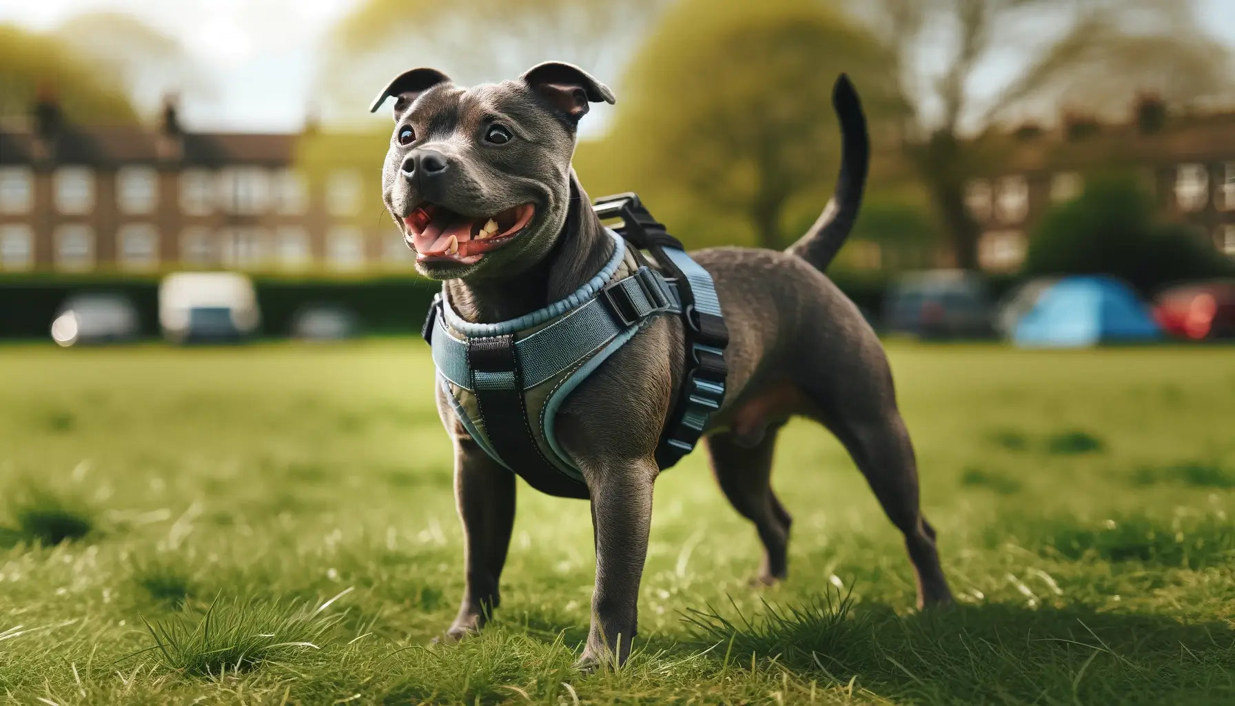 Blue Staffy standing on grass wearing a sturdy harness designed for walking or training.