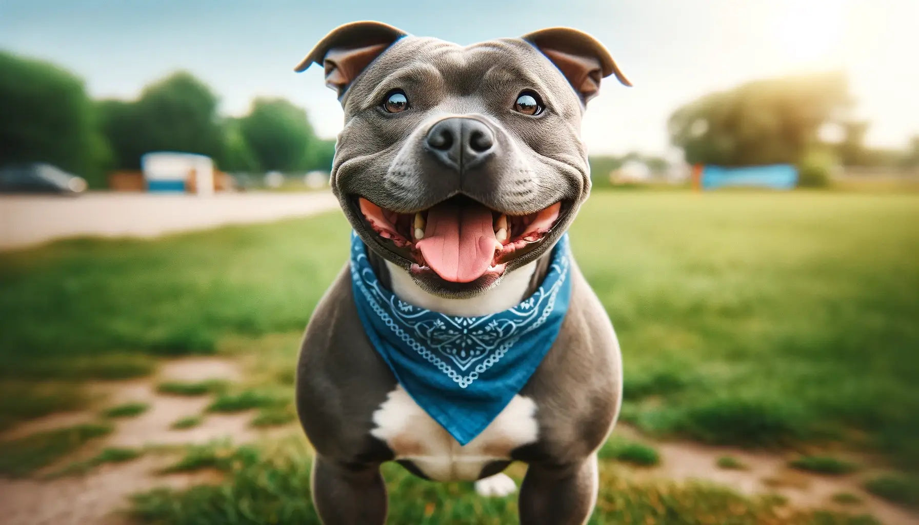 Blue Staffy stands on a grassy field looking directly at the camera with a big open-mouthed smile.