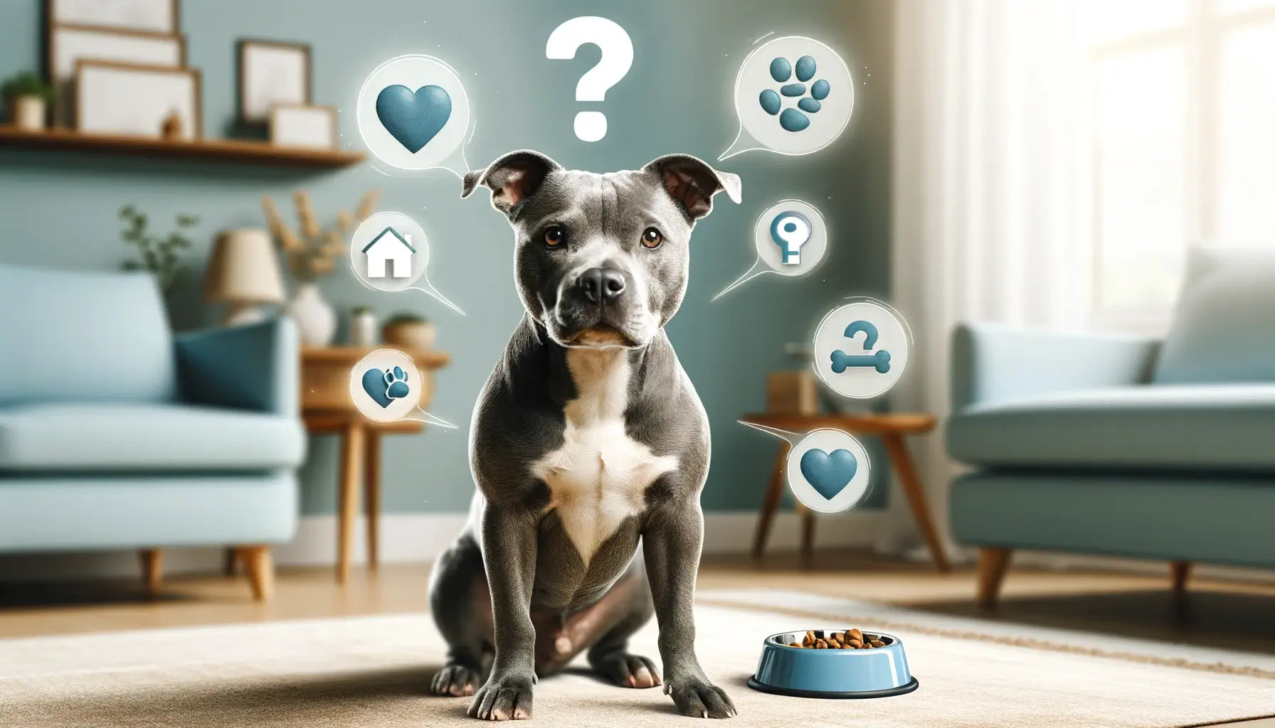 Blue Staffy with a question mark above its head, symbolizing frequently asked questions about the breed.