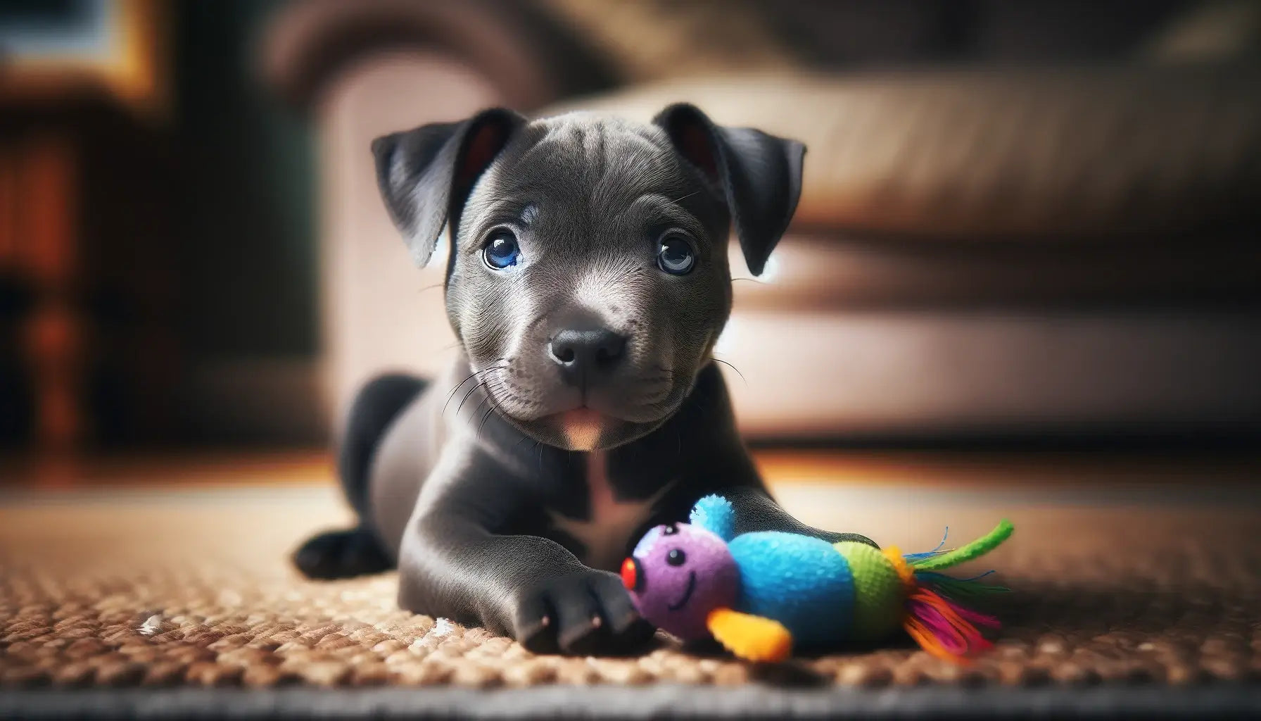Blue Staffy with bright eyes and a soft youthful coat lying on the ground with a colorful toy nearby.