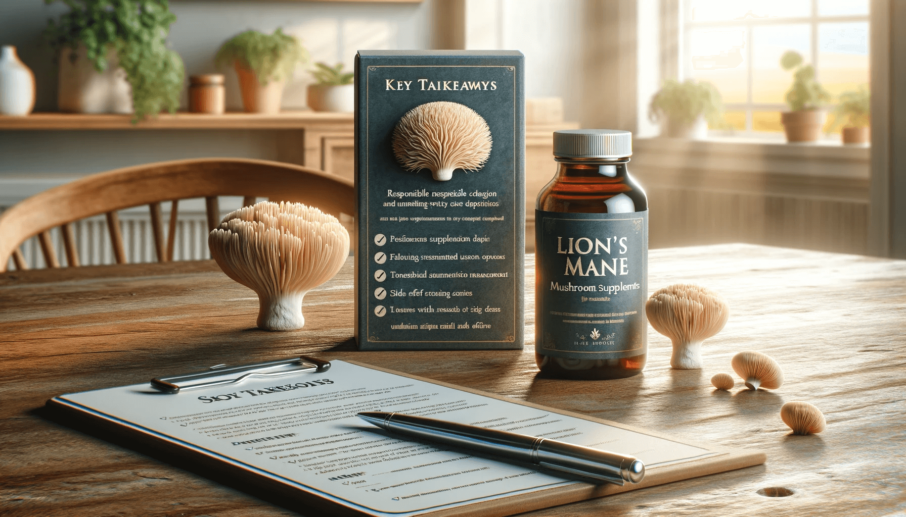 Bottle of Lion's Mane mushroom supplements with a summary of key takeaways on responsible usage and side effect management