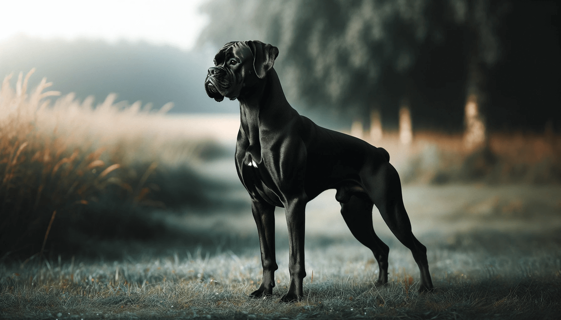Graceful Boxador (Boxer Lab Mix) standing in a grassy field, showcasing its sleek coat and athletic body.