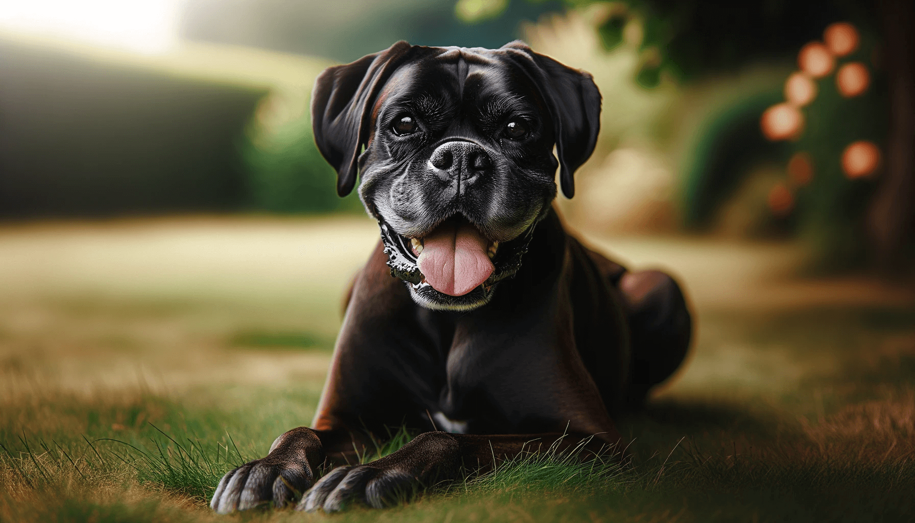 Content and Relaxed Boxador (Boxer Lab Mix) lying in the grass with a panting smile and a shiny black coat.