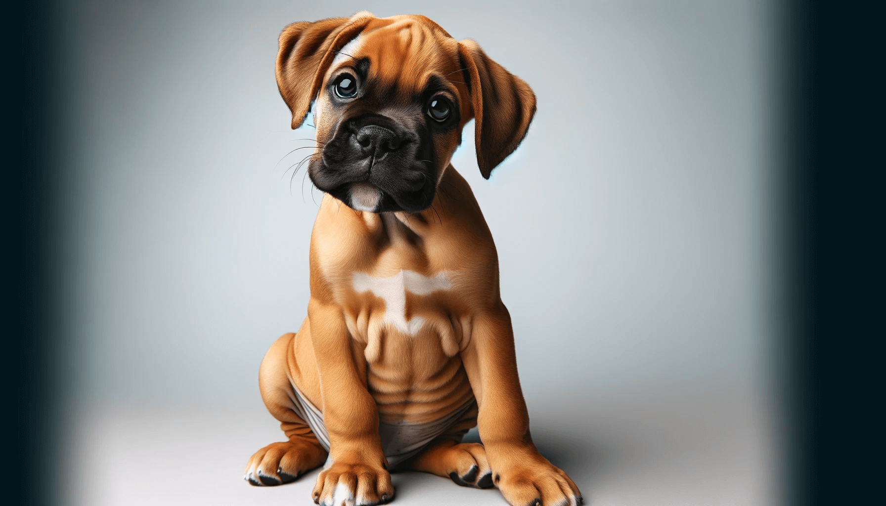 Adorable Boxador (Boxer Lab Mix) puppy with a tan coat, sitting and tilting its head slightly with an inquisitive expression.