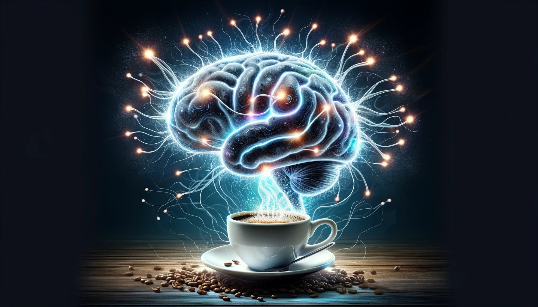 Brain Power - An artistic depiction of a brain illuminated and energized with neurons firing more actively around a cup of creatine coffee.