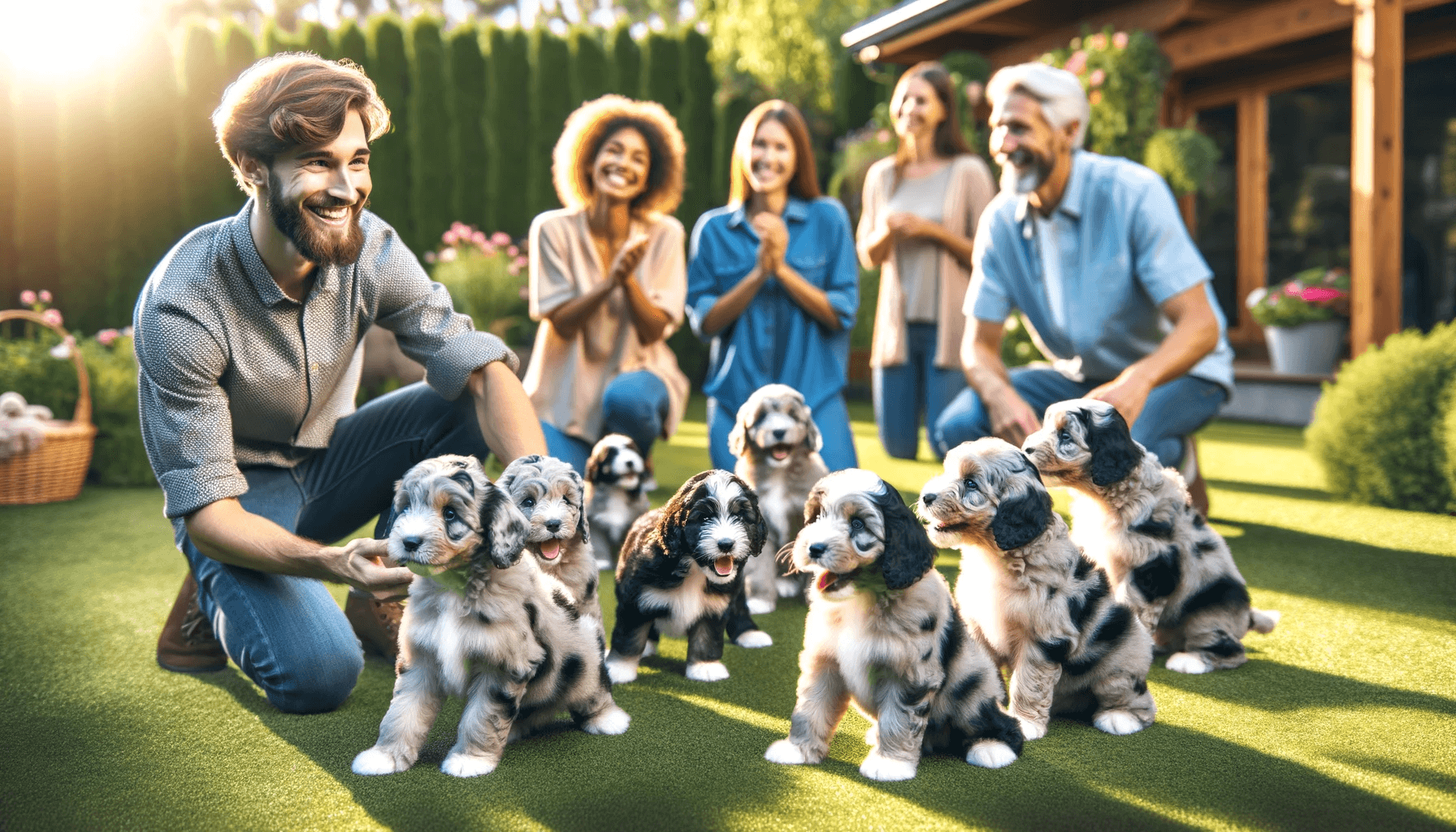 Breeder introducing a litter of Merle Aussiedoodle puppies, capturing the playful and inquisitive essence of the young dogs and the selection process.