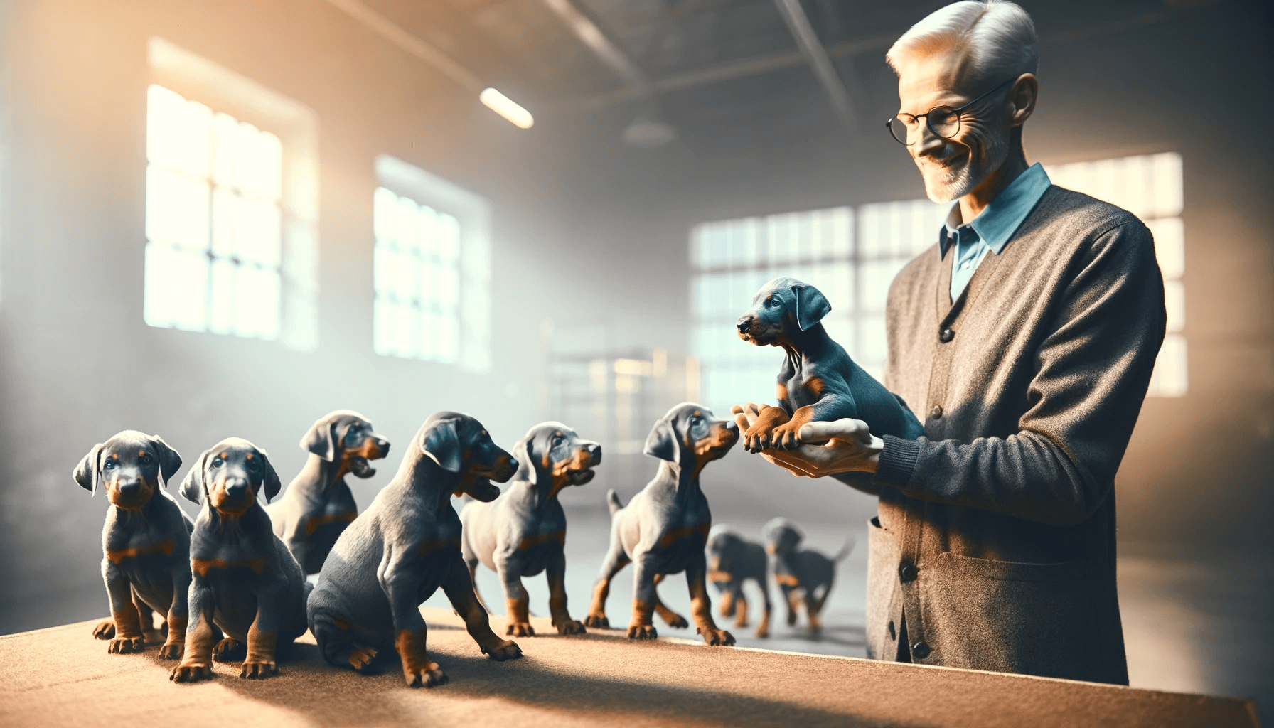 A breeder presenting a litter of Blue Doberman puppies to a prospective owner.