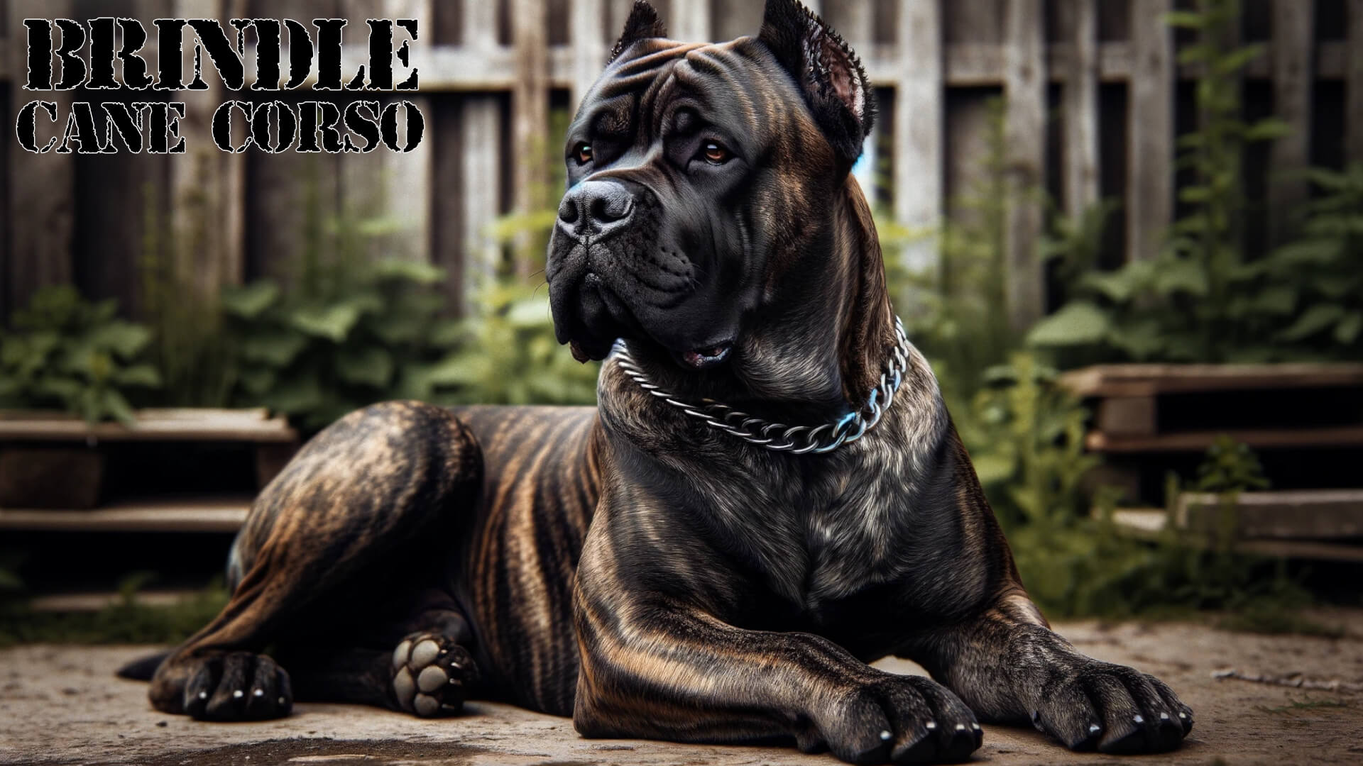 Cane Corso lying down outdoors with a muscular build and a brindle coat featuring dark and light brown stripes.