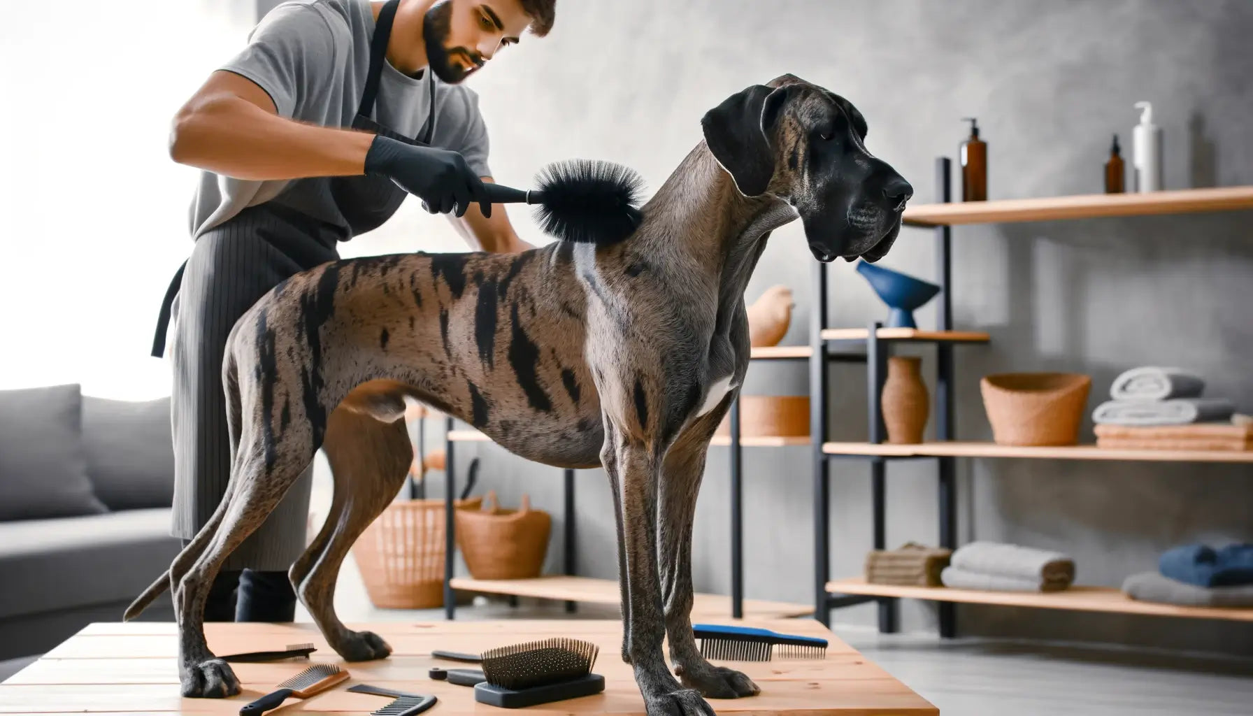 Brindle Great Dane being groomed by its owner at home.