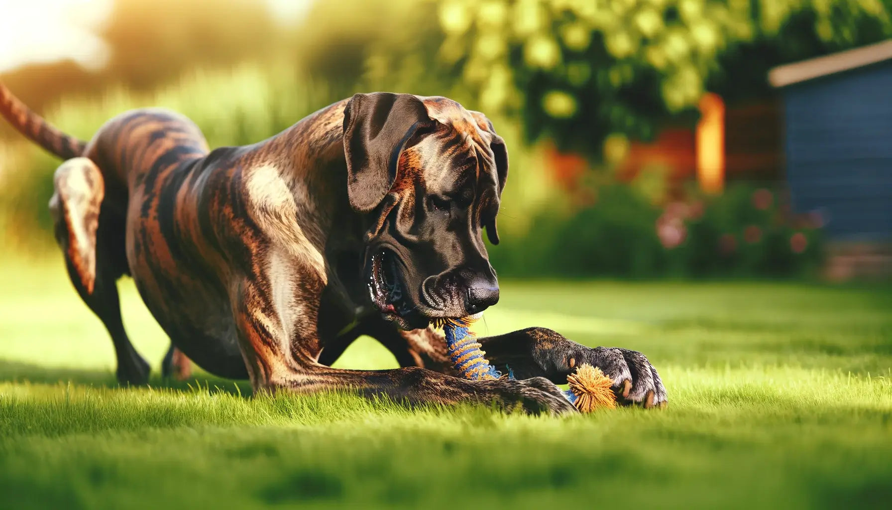 A Brindle Great Dane engaging with a toy on a grassy lawn, the playtime activity reflecting the breed's friendly disposition.
