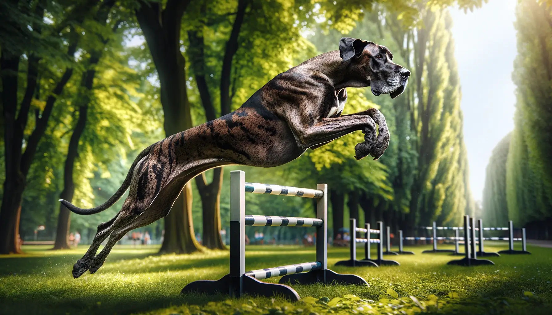 Brindle Great Dane leaping over a hurdle in a park.