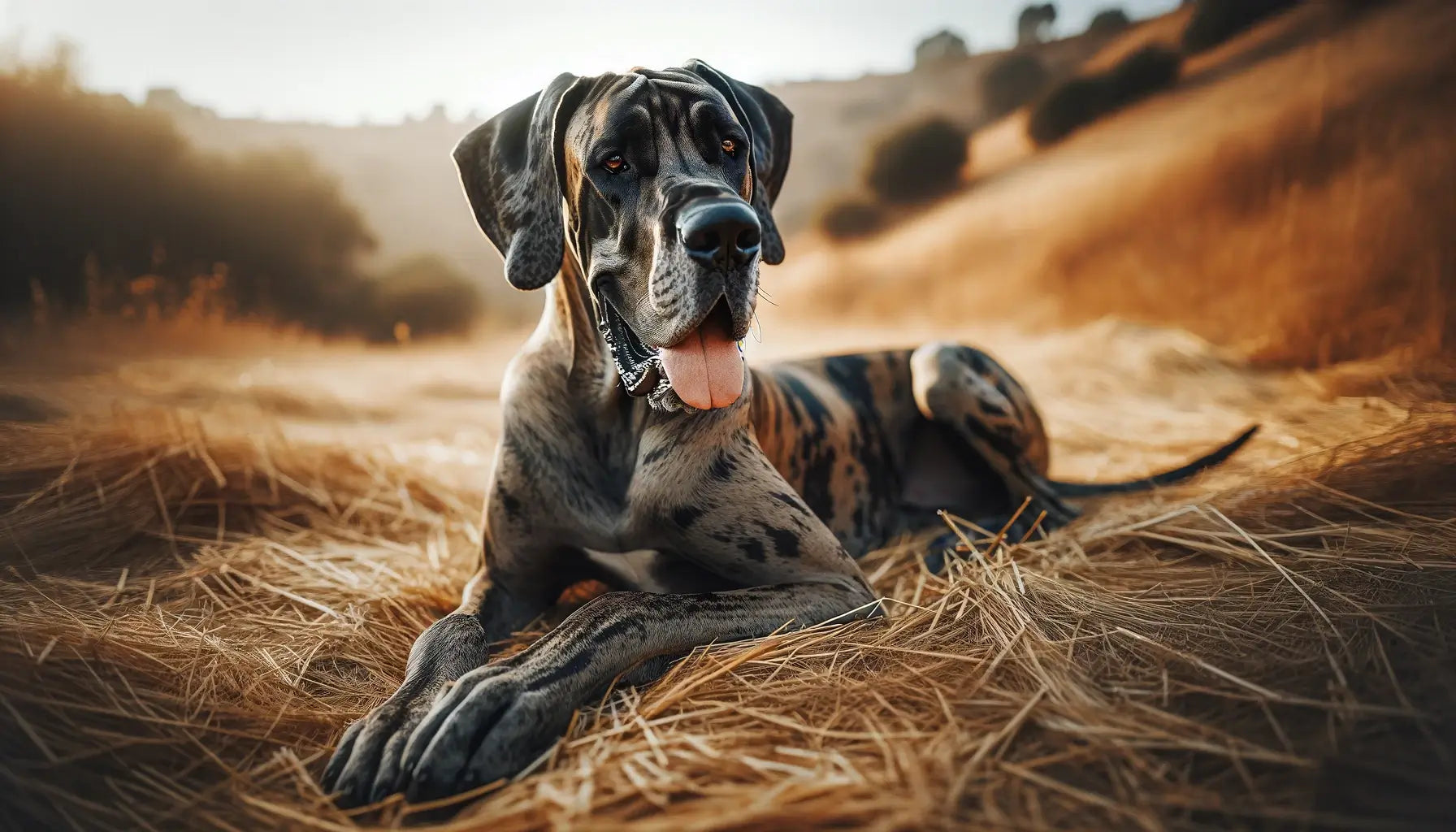 A Brindle Great Dane lying on dry grass, appearing content and at ease with its tongue out in a playful or restful moment.