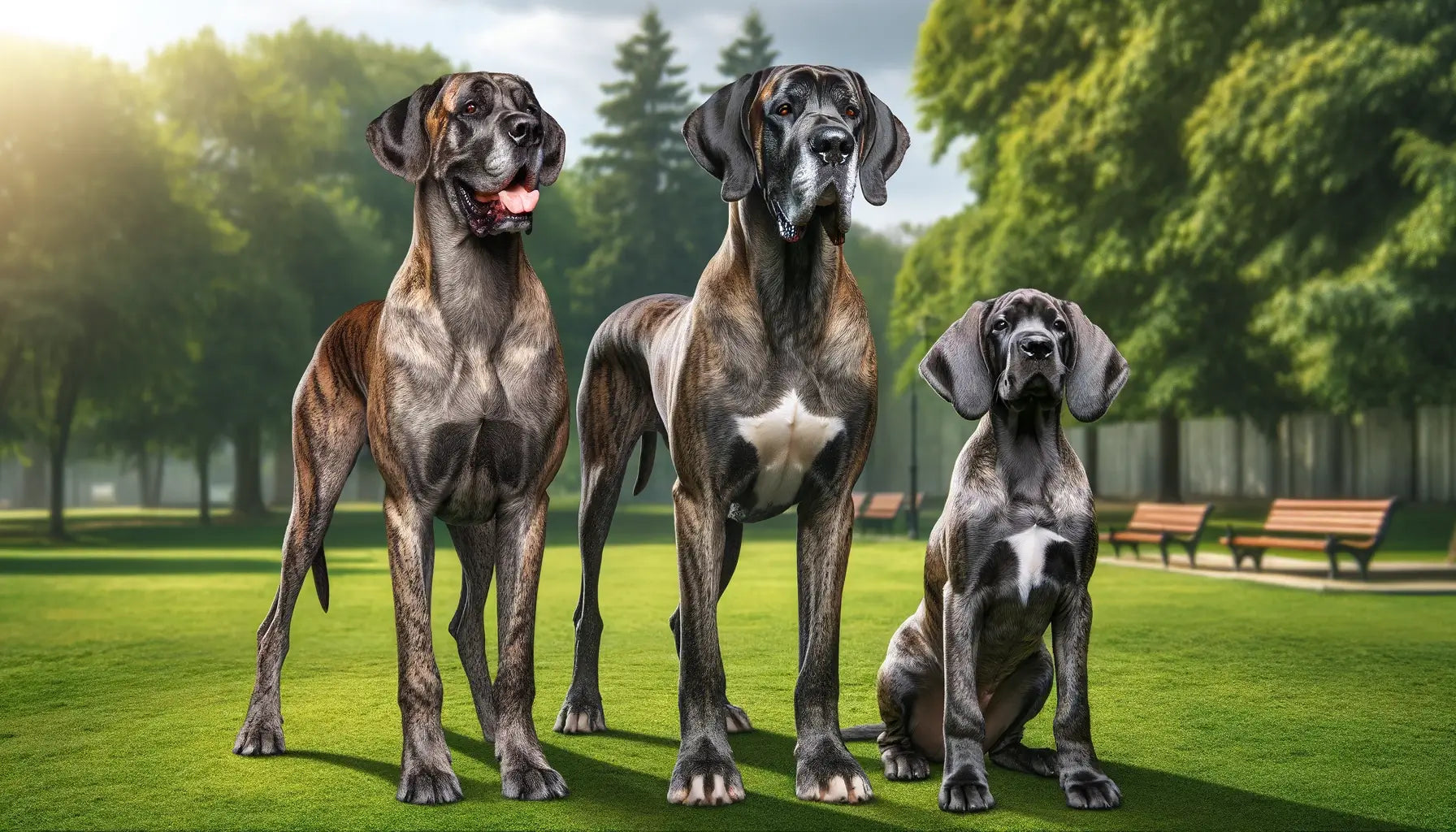 Brindle Great Dane male and female standing side by side in a park.