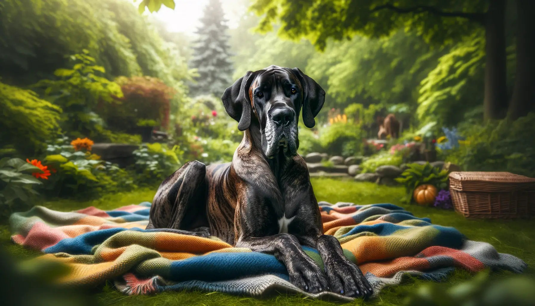 Brindle Great Dane on a blanket outdoors with natural greenery in the background.