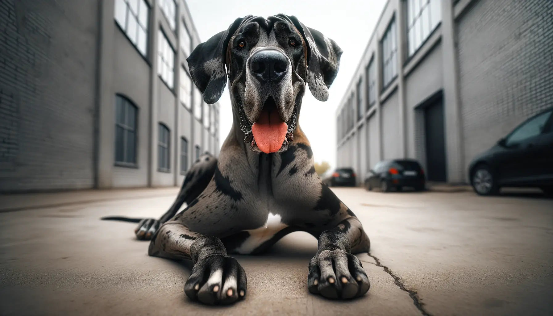 Brindle Great Dane on concrete pavement, a tongue-out smile displaying its playful attitude.
