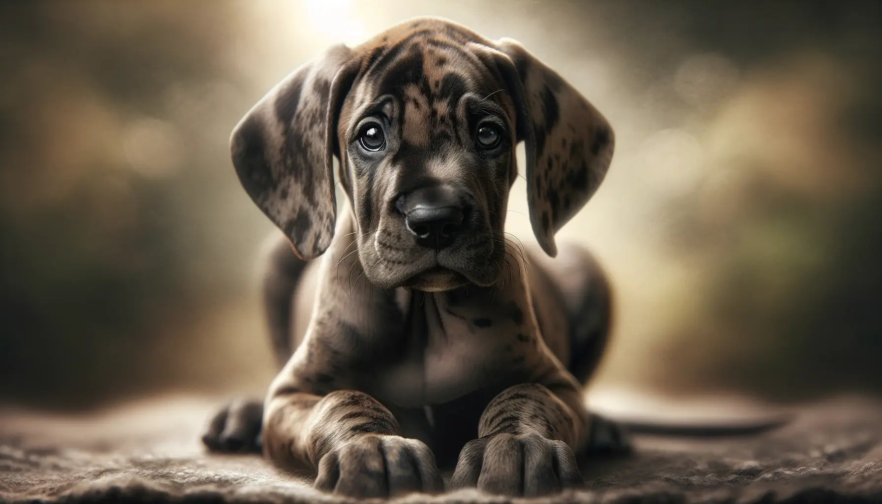 Brindle Great Dane puppy highlighting its youthful features such as small size, floppy ears, and captivating eyes.