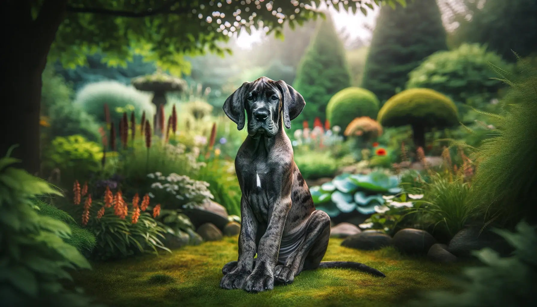 Brindle Great Dane puppy in a serene garden setting surrounded by nature, its well-groomed coat and calm expression.