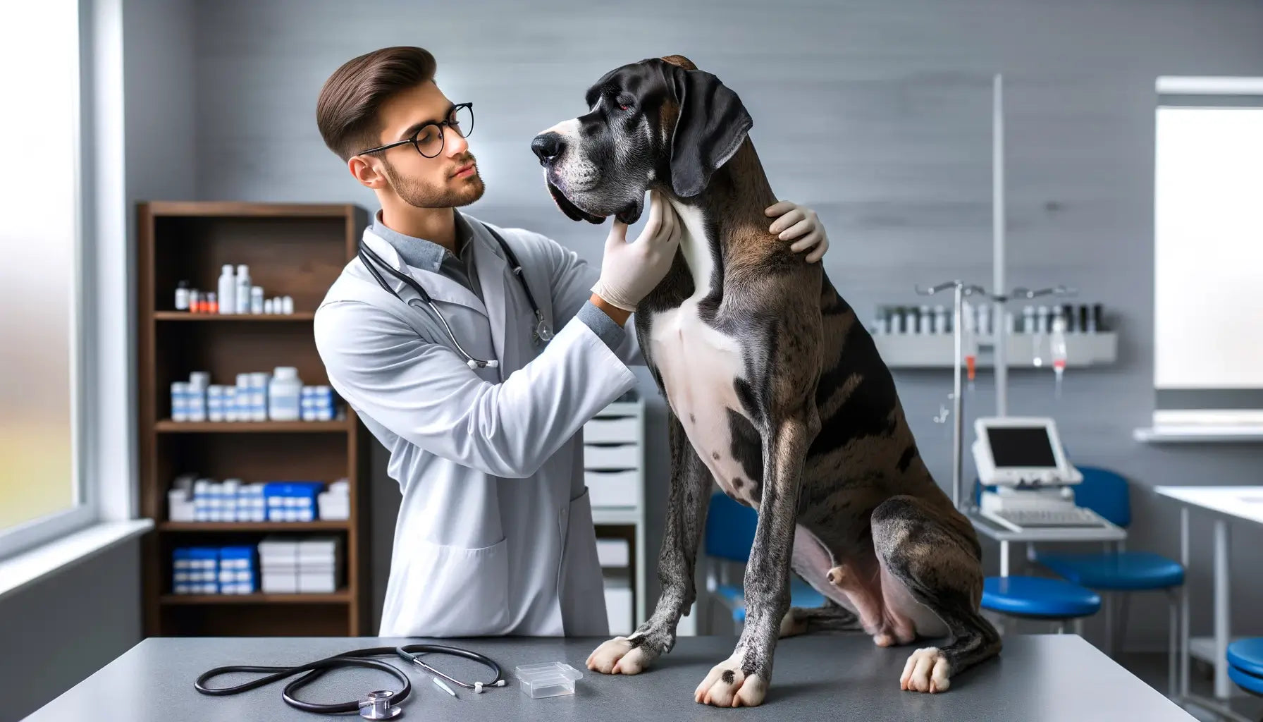 Brindle Great Dane receiving a thorough health check from a veterinarian in a clinic setting.