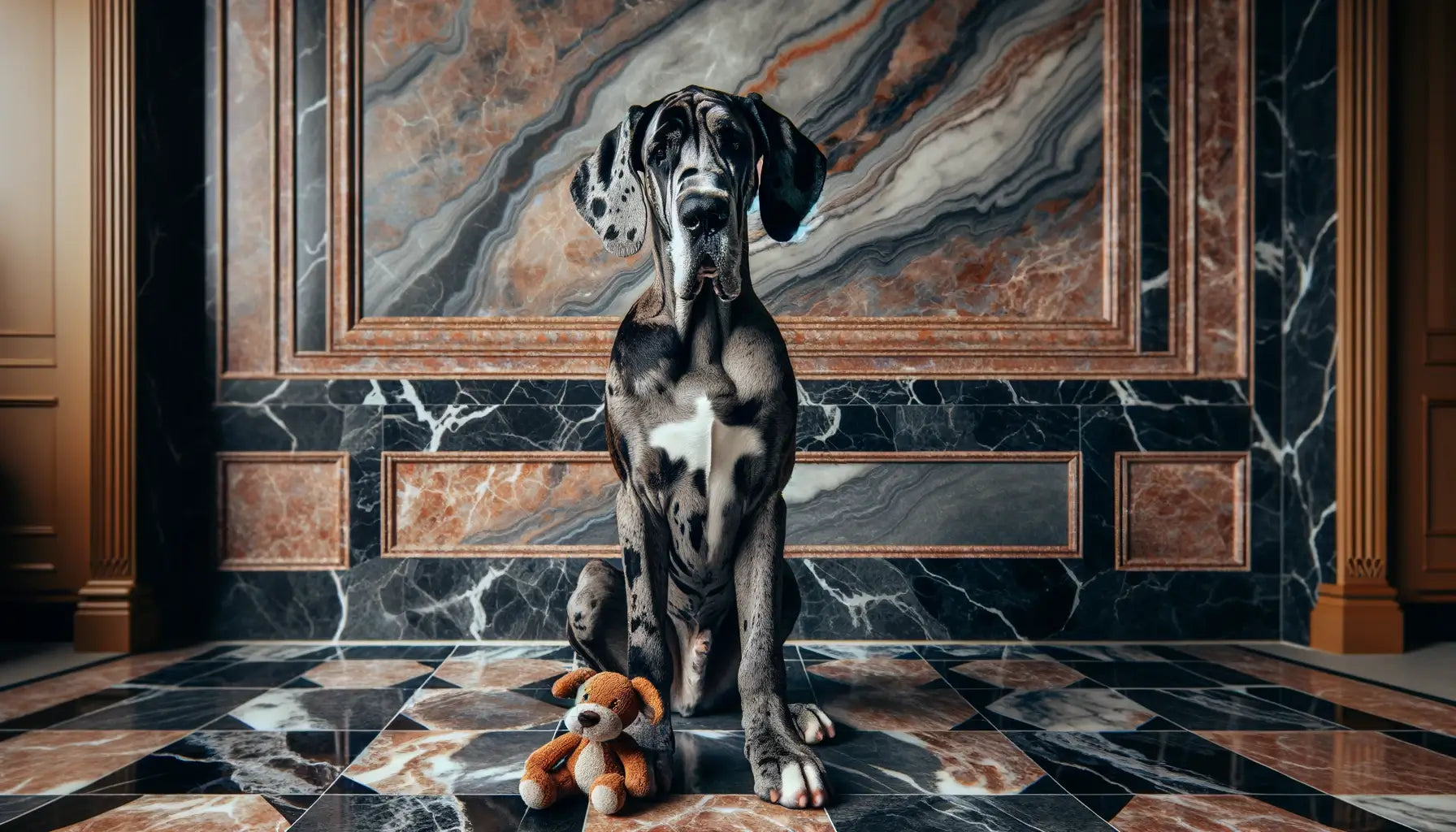 A Brindle Great Dane sitting upright on a marbled floor, with its tricolor brindle coat enhanced by the patterned backdrop.
