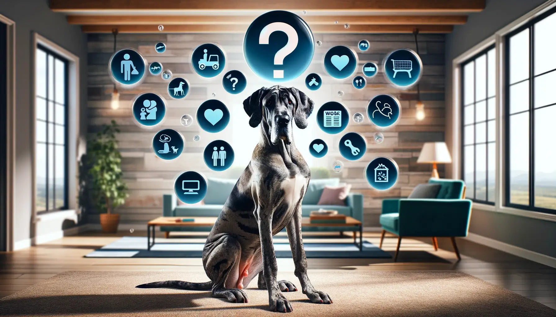 A Brindle Great Dane with a question mark overhead, sitting attentively in a home setting, surrounded by icons representing FAQs about the breed.