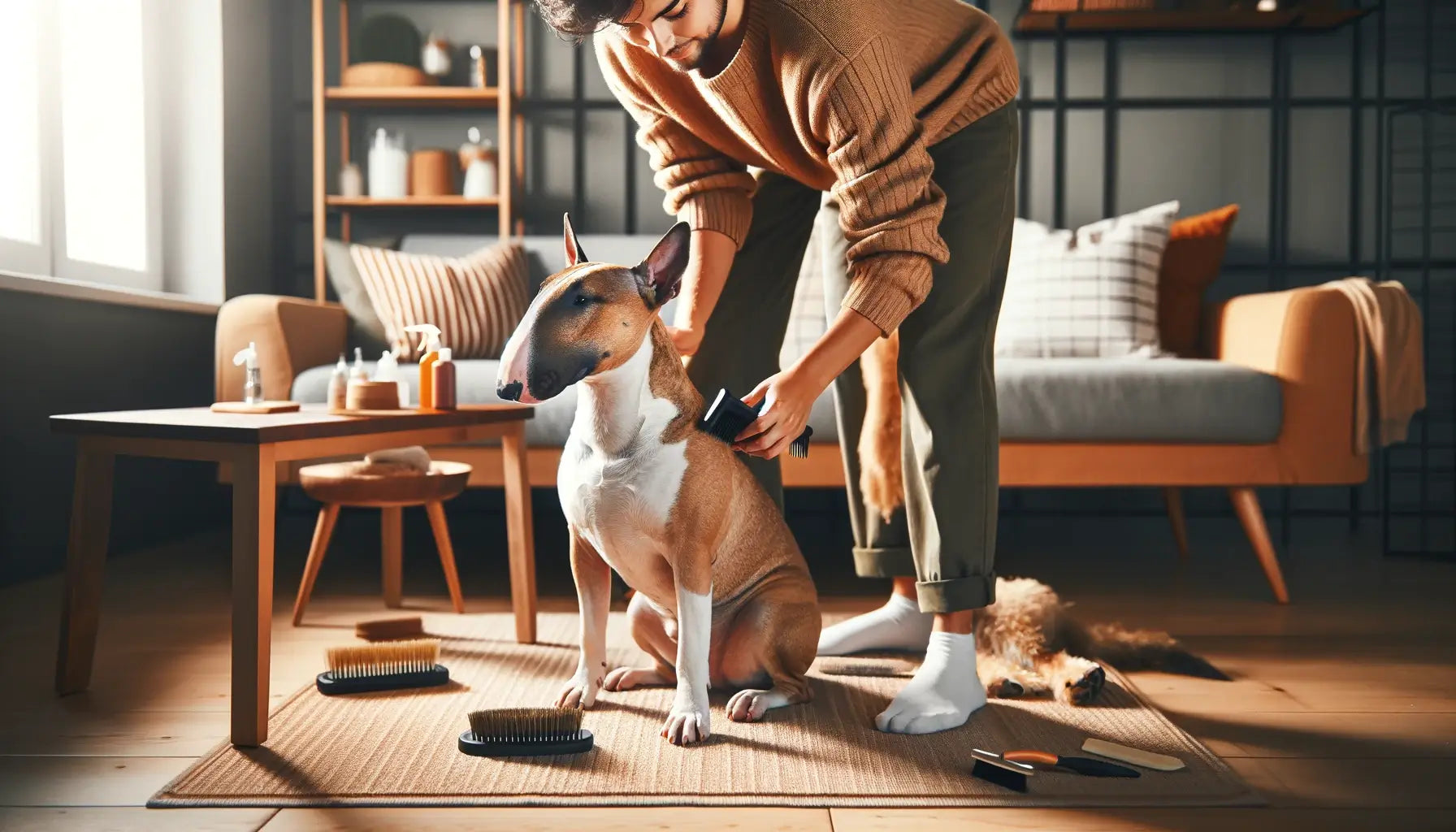 A Bull Terrier enjoys a grooming session with its owner.