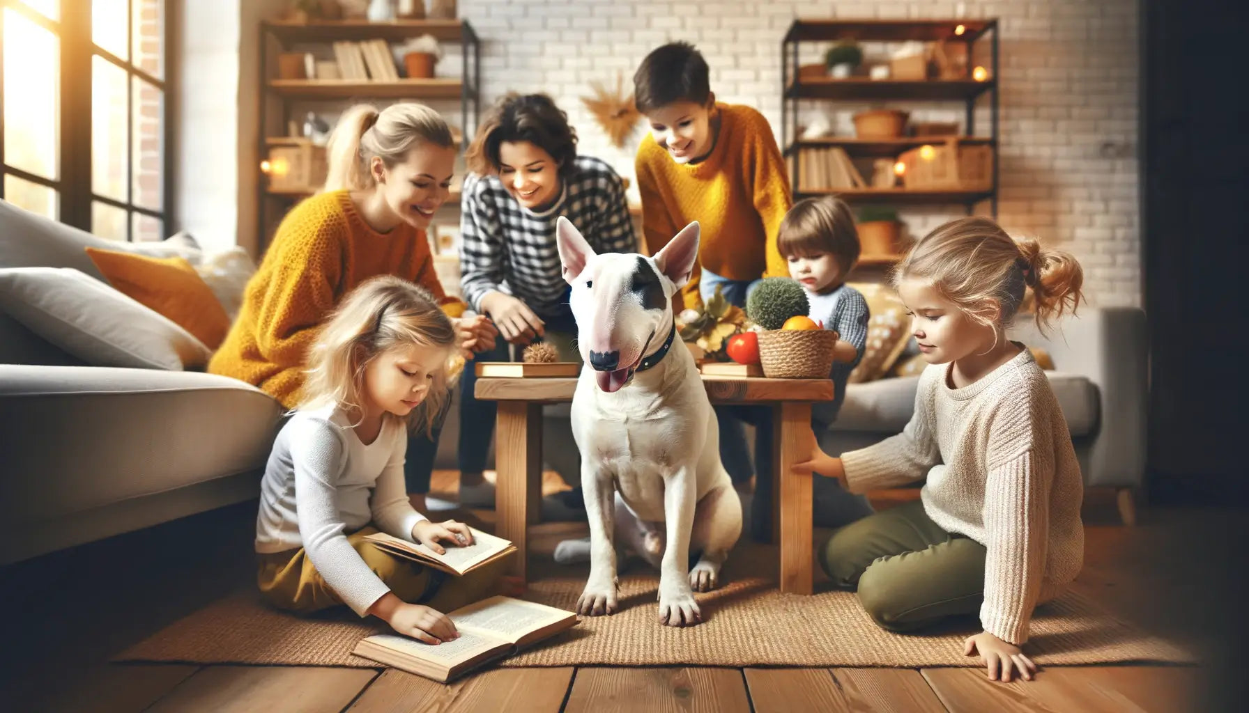 A Bull Terrier is surrounded by a loving family in a cozy home setting.