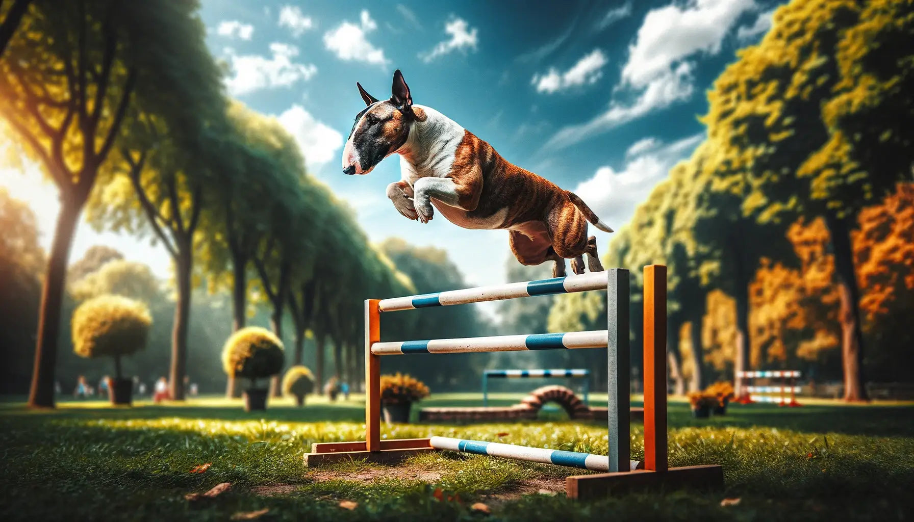 A Bull Terrier leaps over a hurdle in a scenic outdoor park, demonstrating agility and strength.