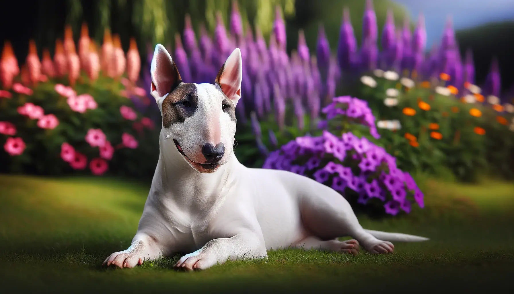 A Bull Terrier lies in the grass with vibrant purple flowers in the background, creating a picturesque and serene setting.