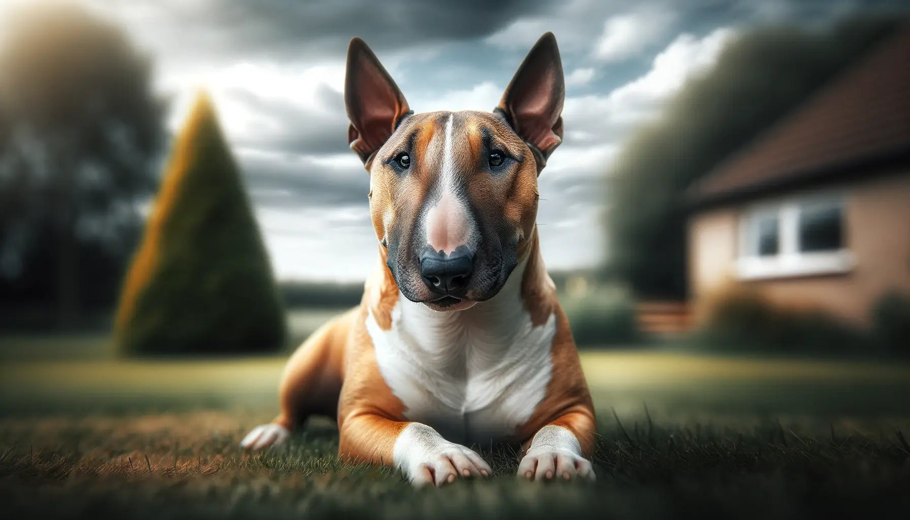 A Bull Terrier lies on the grass, showcasing a determined look and focused eyes that reflect its energetic and robust nature.