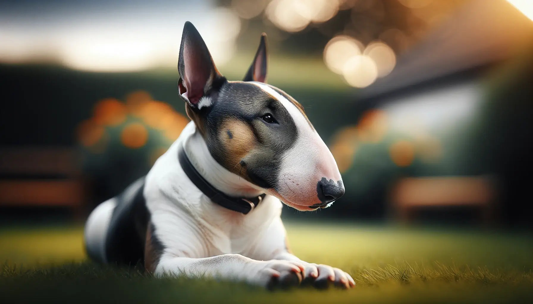 A Bull Terrier lying on the grass in a relaxed posture, with a blurred background possibly depicting a garden or park.