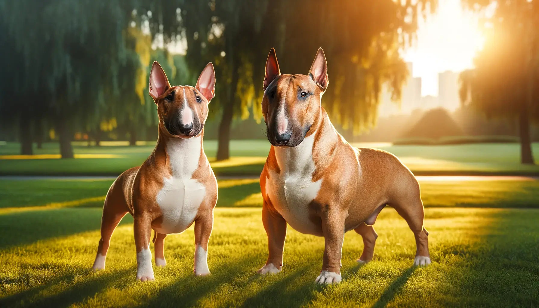 A male and a female Bull Terrier stand side by side in a sunny park, showcasing the differences between the sexes.