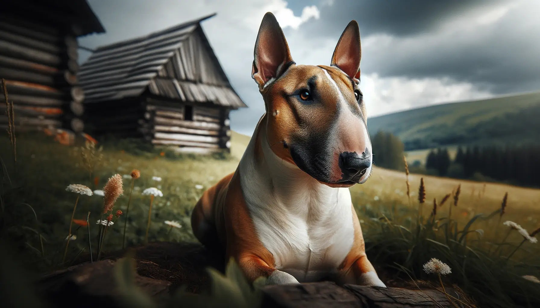 A Bull Terrier outdoors showcases its distinctive face and muscular build, positioned in a grassy area.