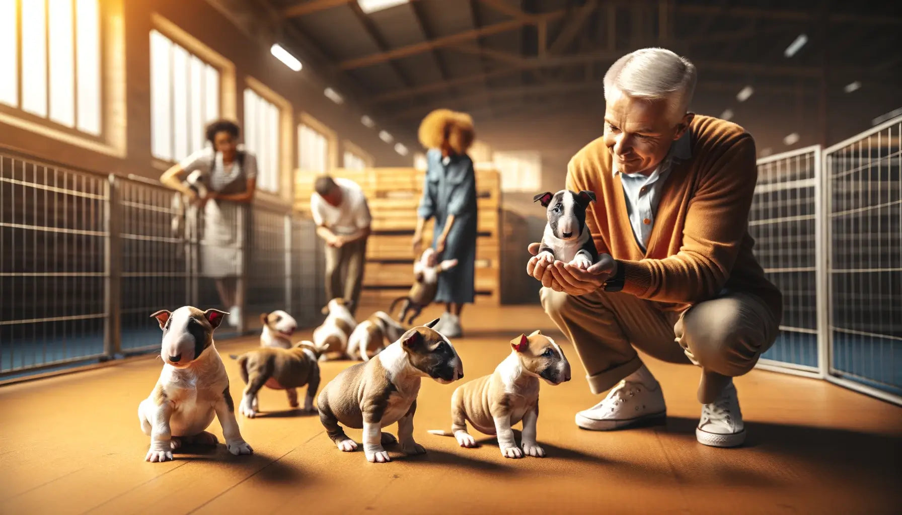 Bull Terrier puppies being introduced to a potential owner.