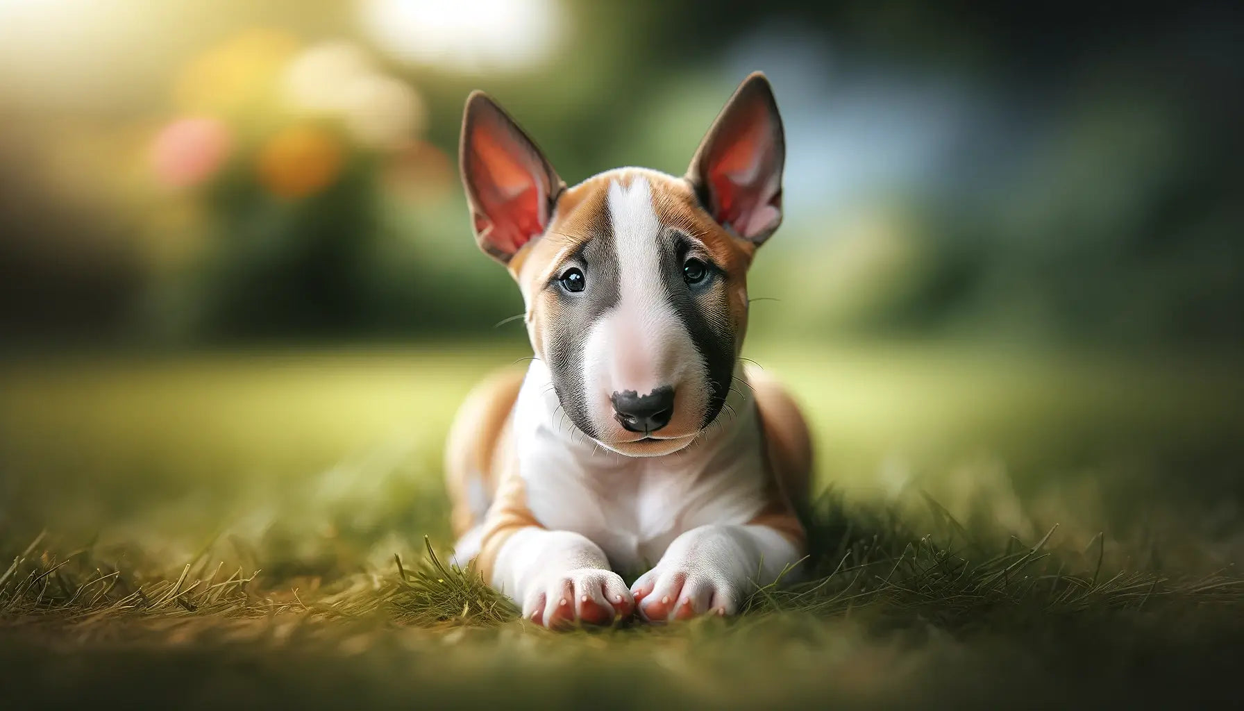 A Bull Terrier puppy lying on the grass, looking directly at the camera with a mix of innocence and charm.