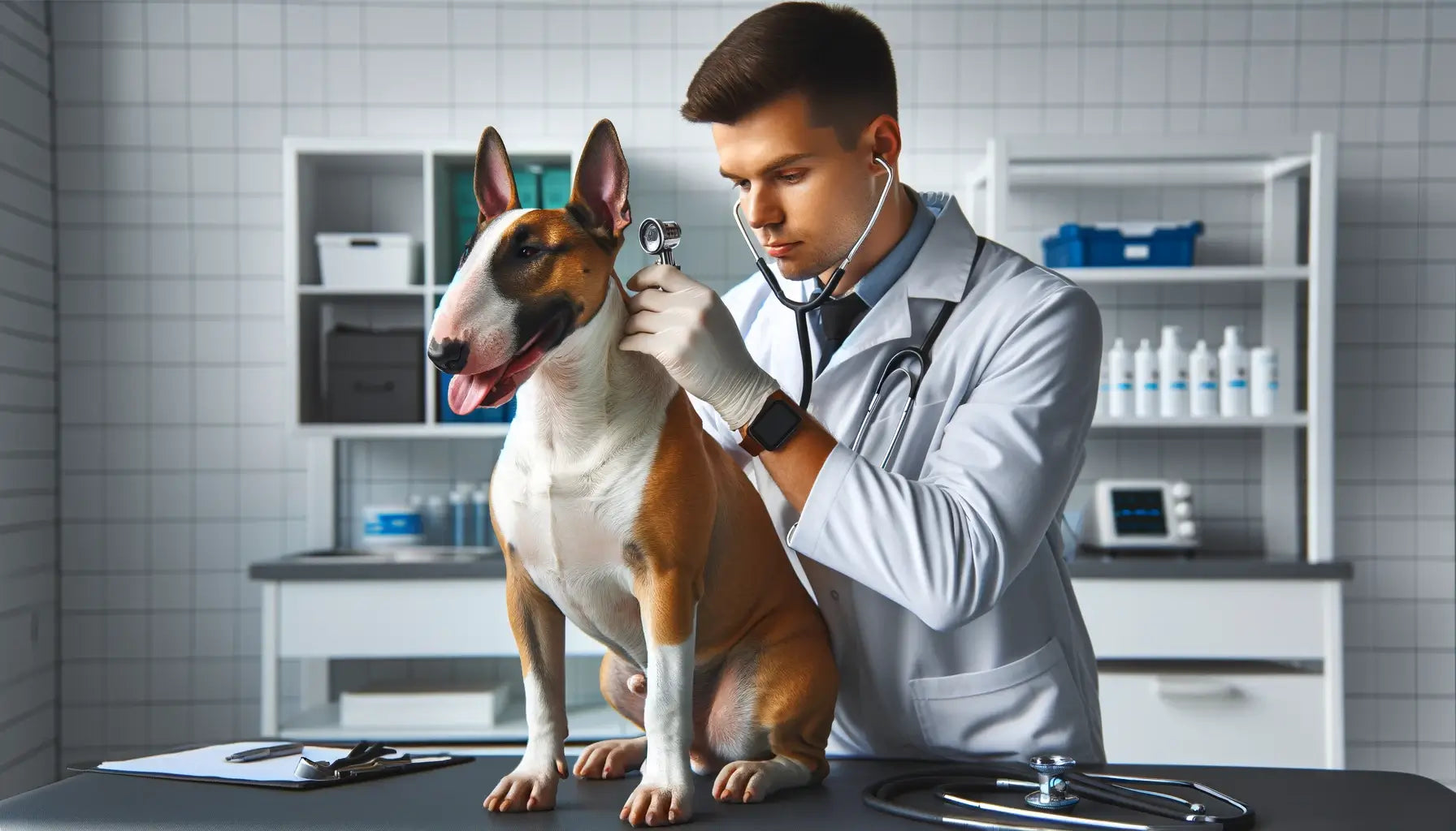 A Bull Terrier receives a health check from a veterinarian in a well-equipped veterinary clinic.