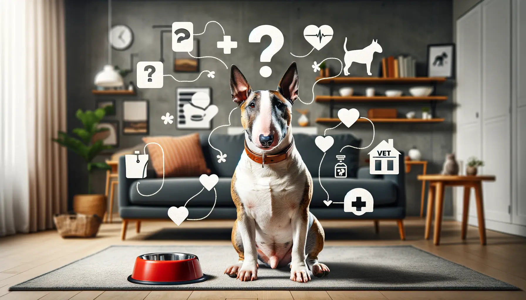 A Bull Terrier sits attentively in a home setting with a question mark above its head, symbolizing curiosity and the quest for knowledge.
