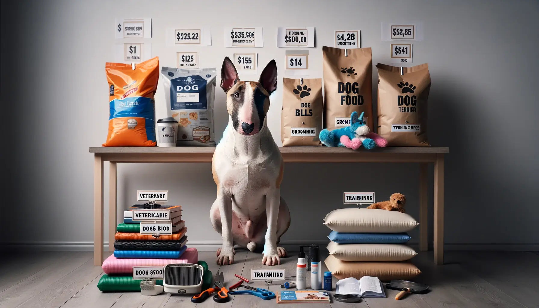 A Bull Terrier sits beside a table displaying various dog-related expenses.