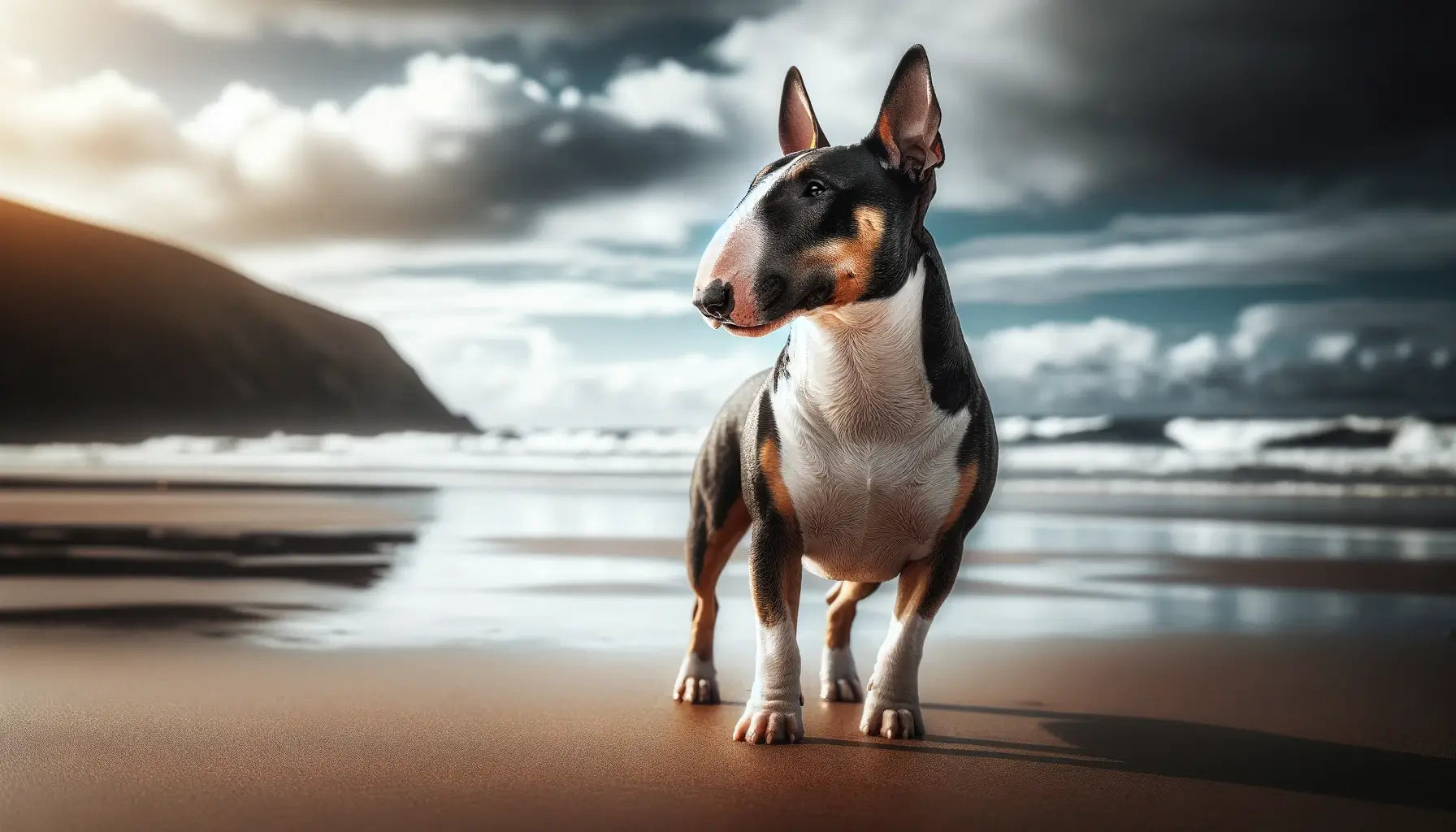A Bull Terrier standing on a beach with the vast ocean in the background.