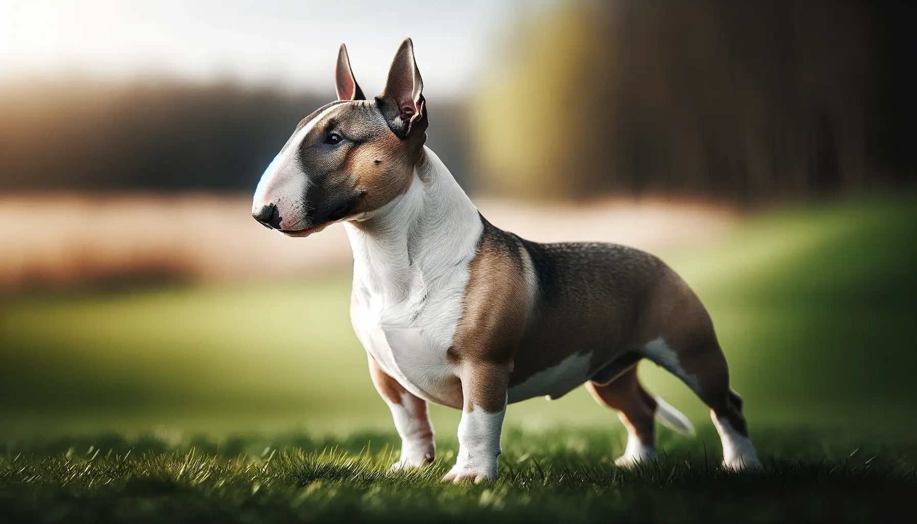 A Bull Terrier stands in profile on green grass, highlighting its compact muscular build and the iconic shape of its head.